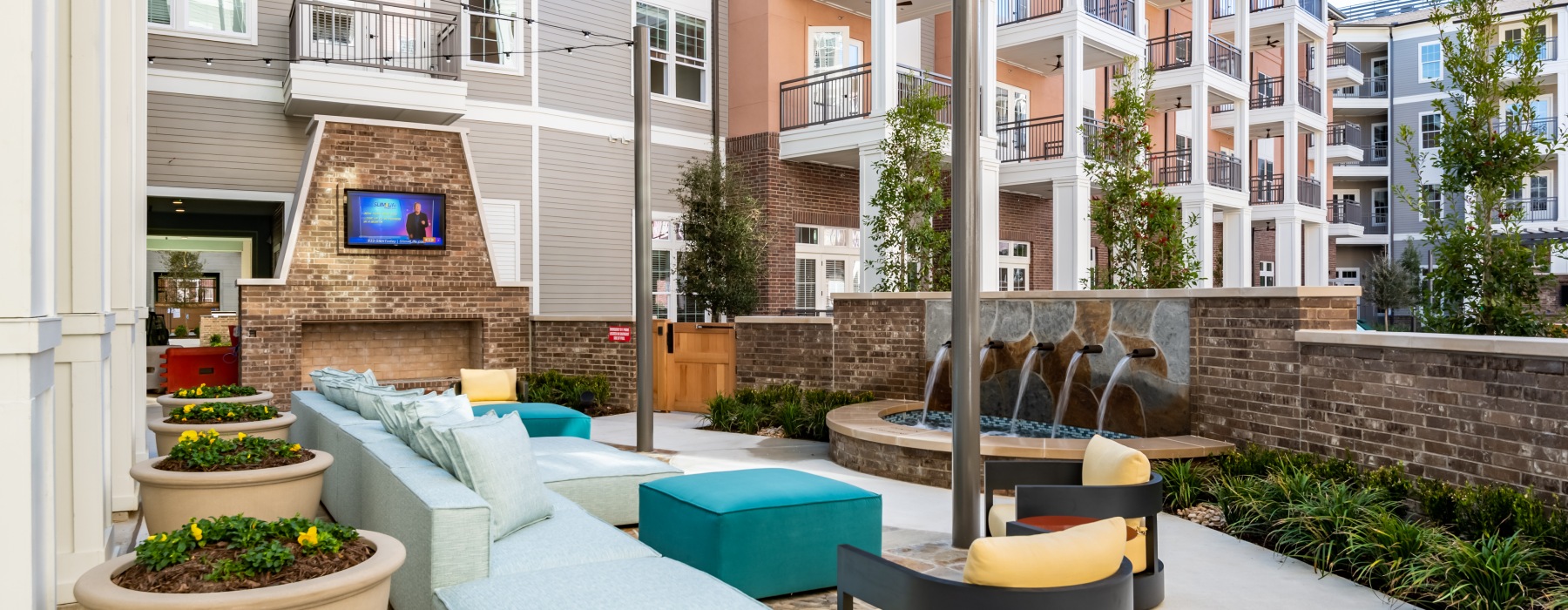 Beautiful outdoor community space at The Margo townhomes in Frisco, TX
